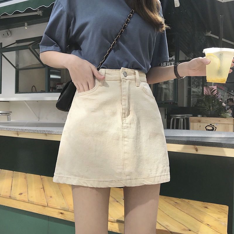 Fly Line - Basic effenkleurige high waist denim A-lijn